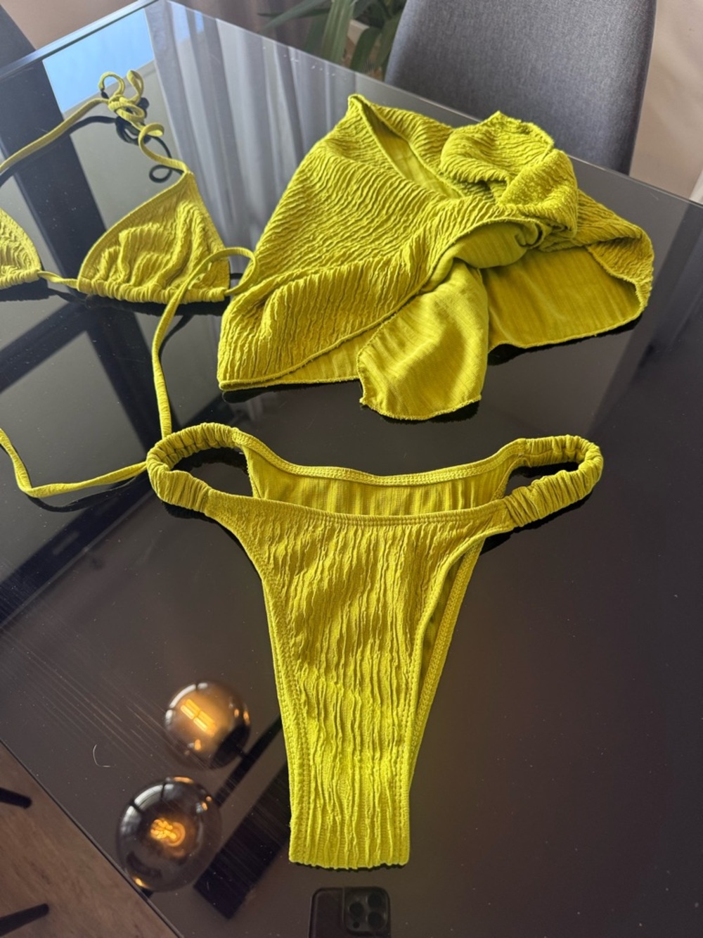 Olive Green Bikini Set with Wrap Skirt | Textured Triangle Swim + Cover Up - Picture 4 of 7